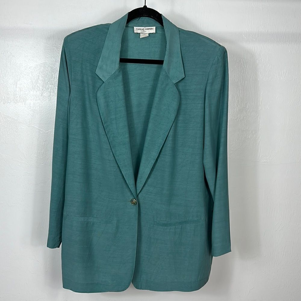 Casual Corner Dark Mint Green Silk Boyfriend Fit One Button Closure Blazer Sz 10